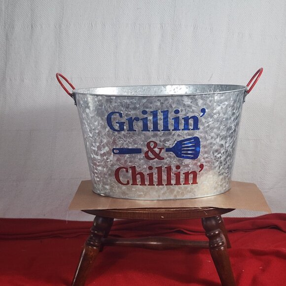True Living Red White Blue Aluminum Grillin & Chillin Oval Outdoor Ice Bucket - Picture 2 of 16